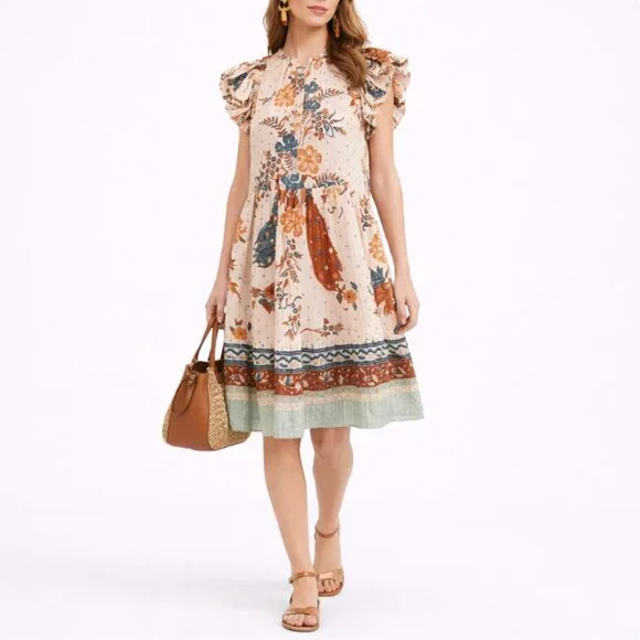 Ulla Johnson Etta Floral Ruffle Sleeve Midi Dress Boho Swing Prairie Dress - Picture 1 of 13